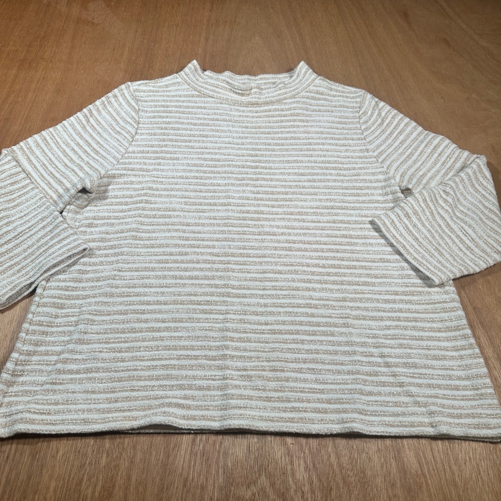Ann Taylor Mock Neck Top Women XL Tan Striped Boucle Knit 3/4 Sleeve